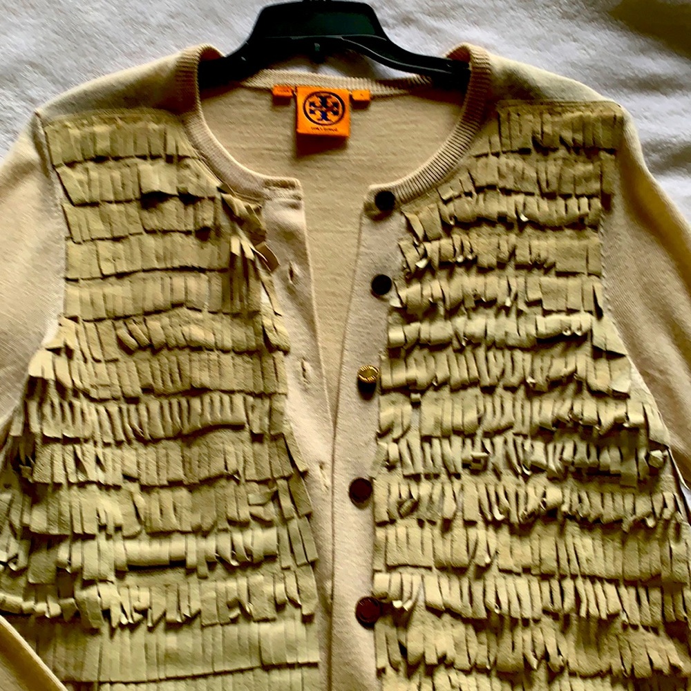 Beautiful Tory Burch sweater with suede details  down the front. One of a kind